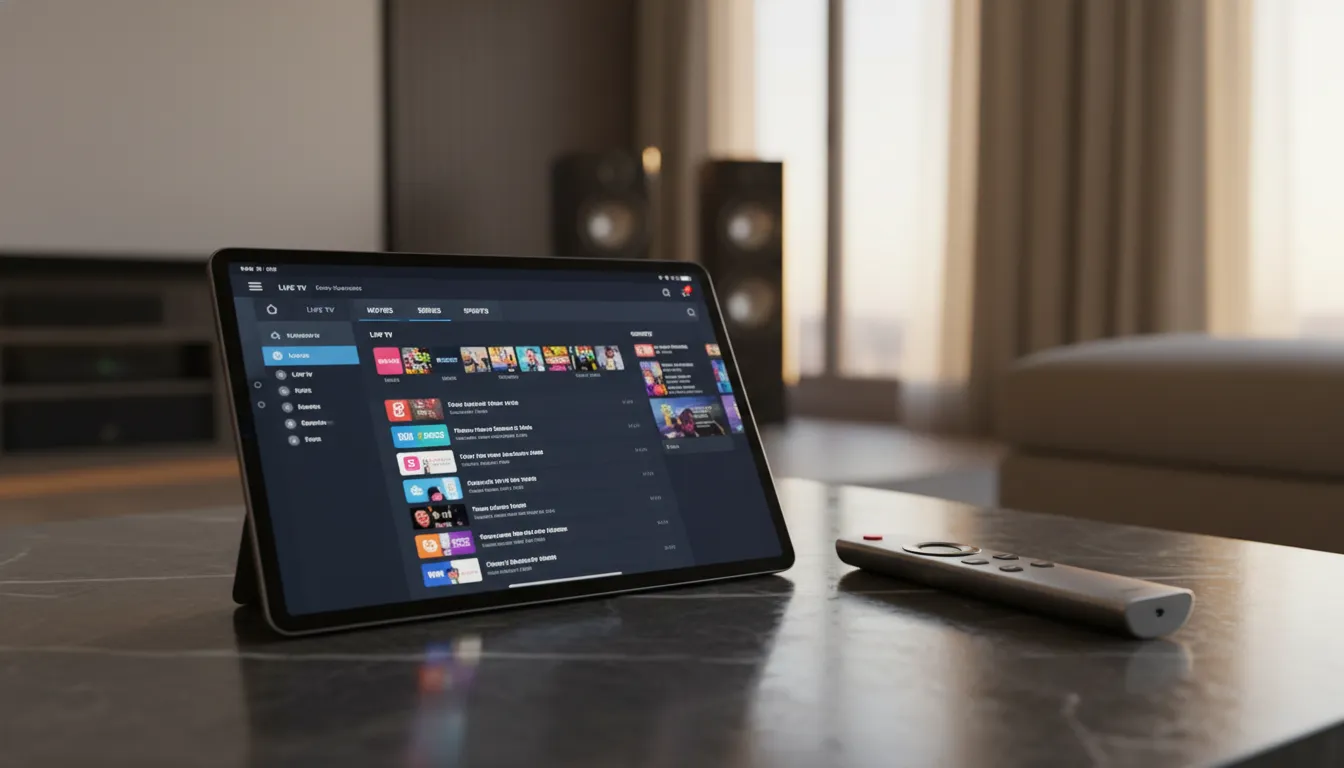 bester iptv player Nahaufnahme einer IPTV App Benutzeroberfläche auf einem Tablet für flüssiges Streaming.