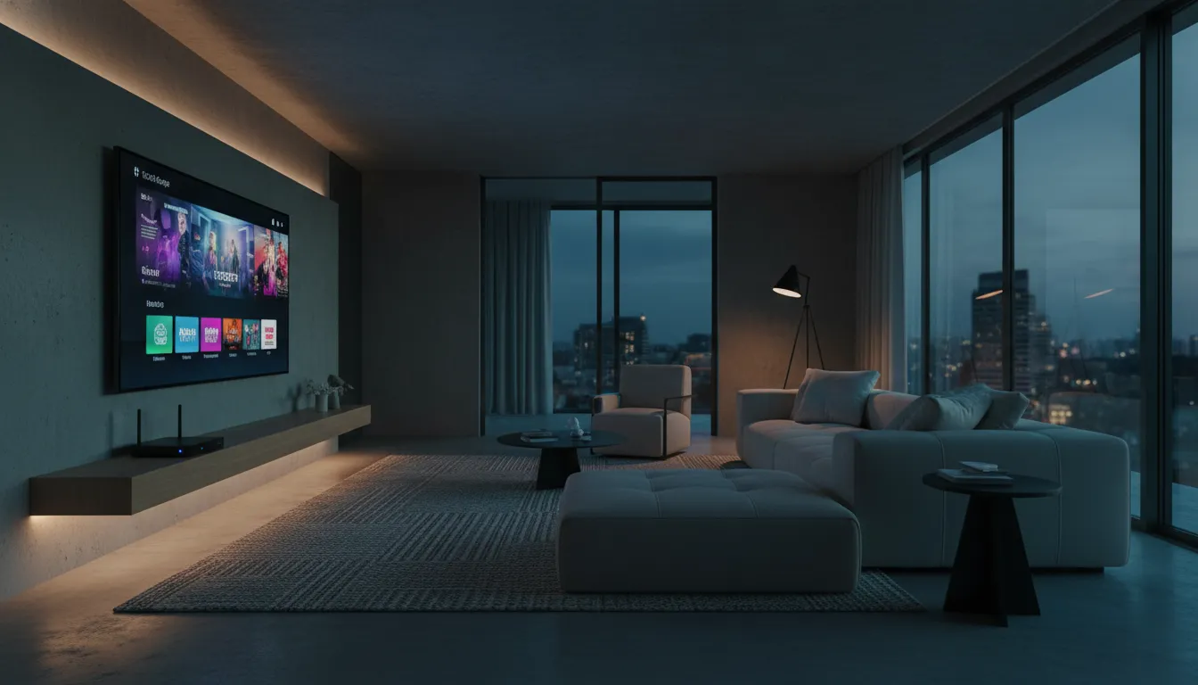 iptv box Nahaufnahme einer modernen, futuristischen IPTV Box 2026 mit edlem Metalldesign und blauer LED-Anzeige.