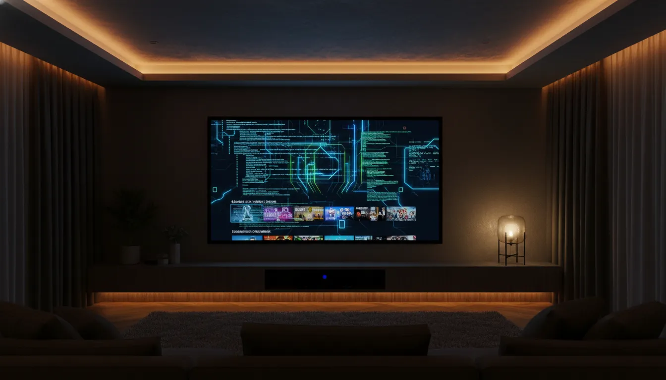 iptv m3u Nahaufnahme eines Serverschranks mit leuchtenden Glasfaserkabeln zur Darstellung von IPTV-Infrastruktur.