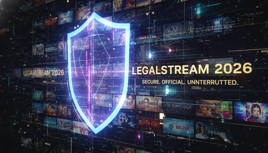 ist iptv in deutschland legal Digitales Symbol für Rechtssicherheit über einem abstrakten Streaming-Hintergrund in Neon-Optik.