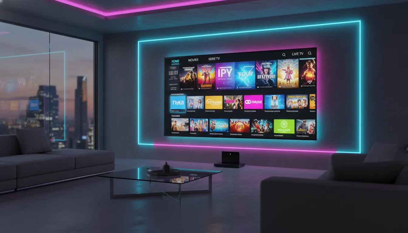 ist iptv in deutschland legal Moderner Smart-TV mit farbenfroher IPTV-Benutzeroberfläche in einem futuristischen Wohnzimmer.