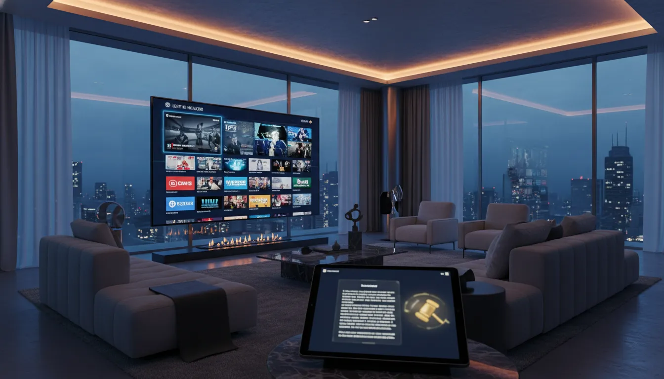 iptv legal Moderner Smart-TV in einem luxuriösen Wohnzimmer zeigt ein IPTV-Menü zur Veranschaulichung der Rechtslage von Streaming-Diensten.