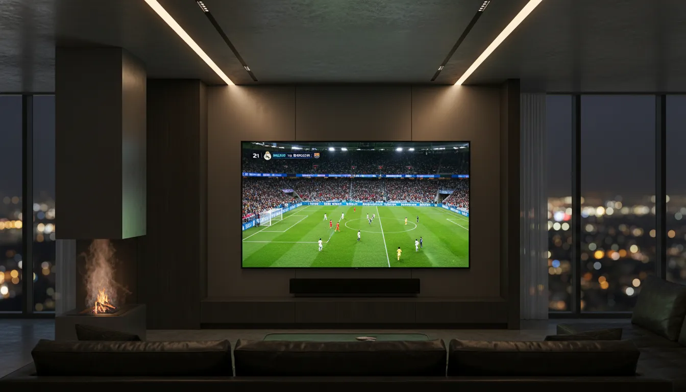 iptv abo Modernes High-End Heimkino mit einem 8K Smart TV und Premium IPTV Streaming-Inhalten.